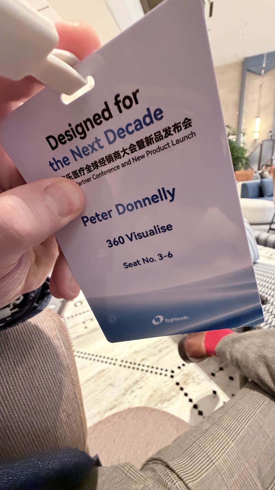 Delegate badge reading Peter Donnelly, 360 Visualise, Seat No. 3-6